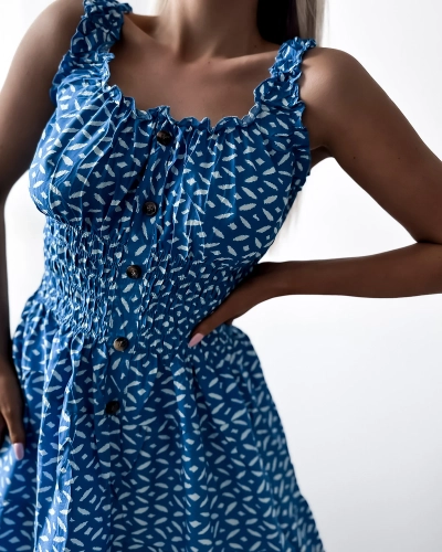 Дамска рокля с дължина до коляното и принт в синьо- Облекло