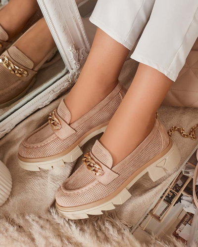 Мокасини от еко велур със златна декорация в светлокафяво Zaffix- Footwear