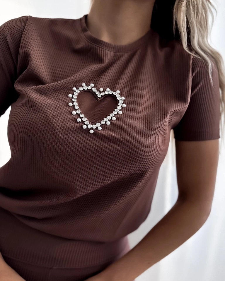 Royalfashion Тъмнокафяв дамски спортен комплект със сърчица