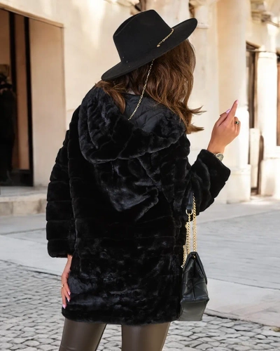 Royalfashion Черно дамско палто от естествена кожа