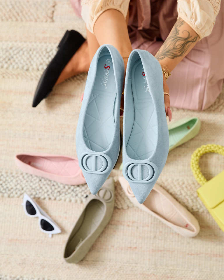 Royalfashion Сини дамски балерини със заострен връх и украса на носа Tidita