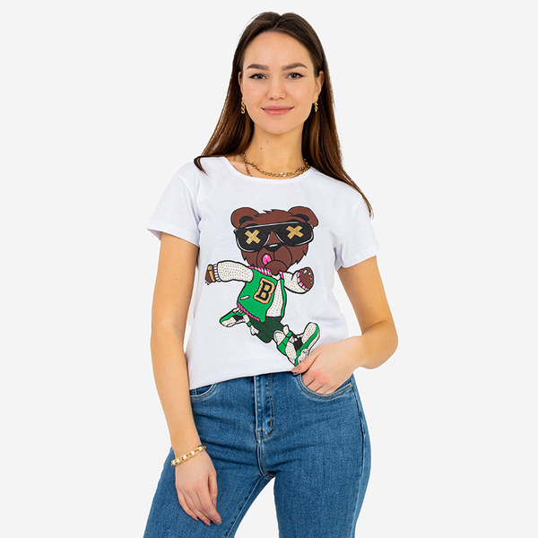 Damska biała koszulka z nadrukiem - Odzież