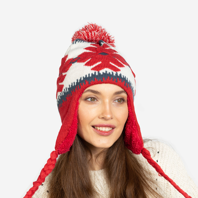 Czerwona damska ocieplana czapka w śnieżynki z pomponami - Akcesoria