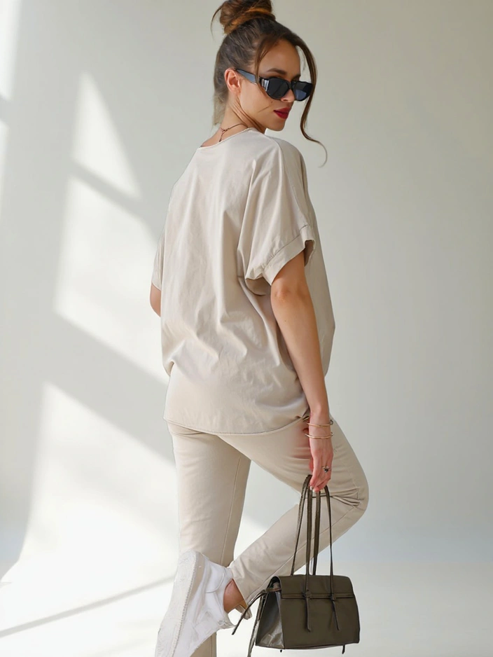 Royalfashion Женски памучен комплект с къс ръкав и прави панталони