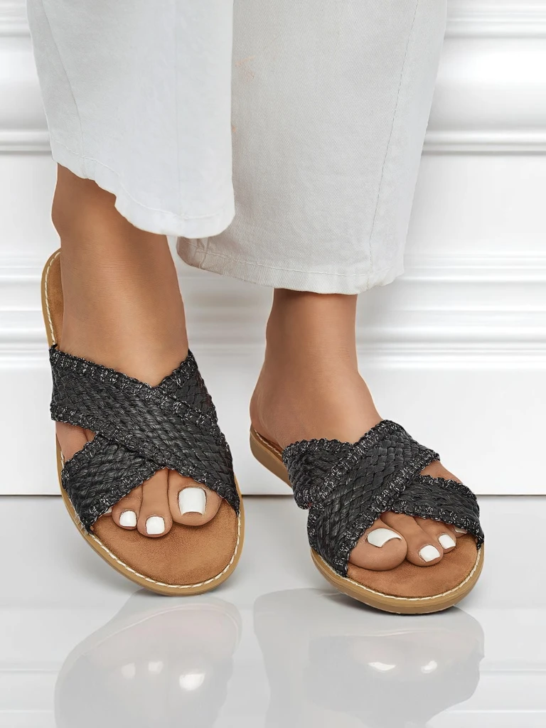 Дамски сандали Calista Nero плоски, черна плетка, екологична кожа