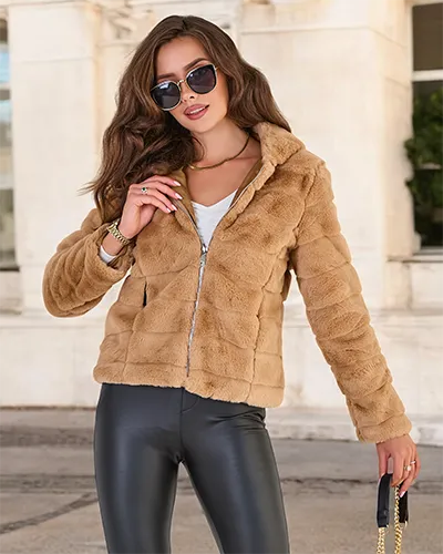 Royalfashion Светлокафяво дамско яке с имитация на кожа