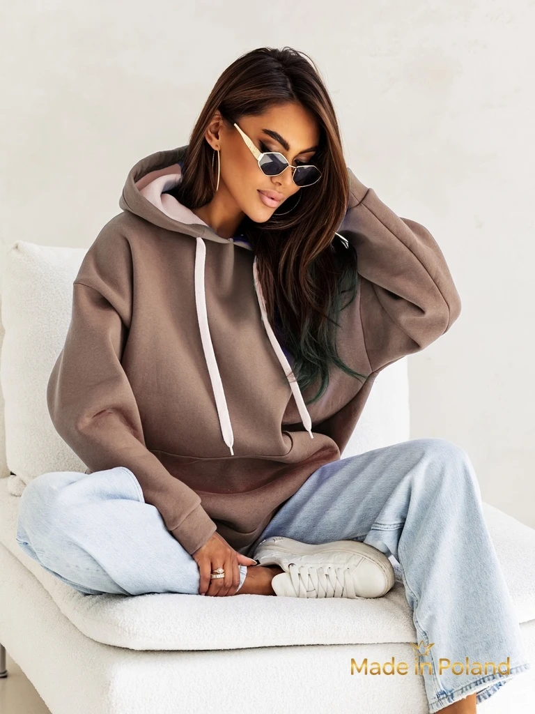 Дамски суитшърт с качулка Leonida кафяв с дълъг ръкав