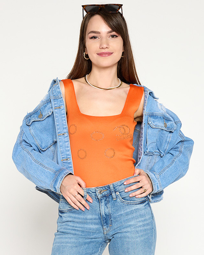 Damski pomarańczowy top ze złotymi cyrkoniami- Odzież