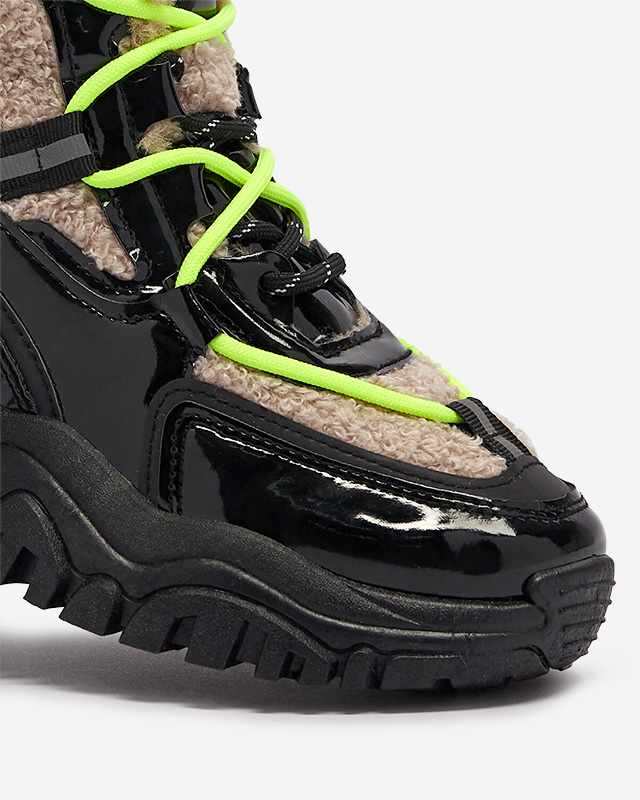 Черни дамски спортни обувки с кожа и неоново жълти връзки Adbo- Footwear