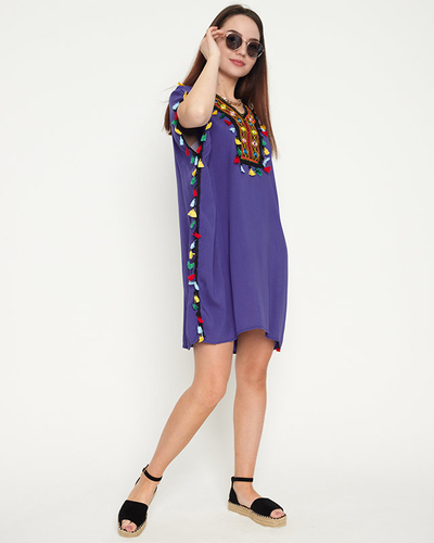 Fioletowa damska letnia tunika plażowa z frędzelkami - Odzież