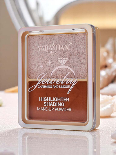 Палета от пресовани пудри за хайлайтър и бронзант за лице