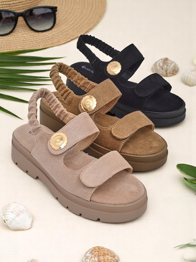 Дамски бежови сандали Royalfashion Callista на платформа от велур