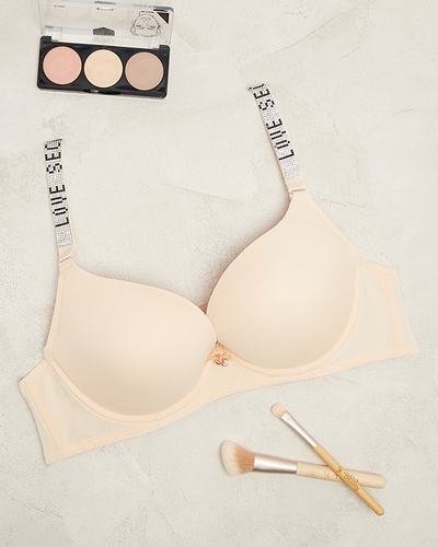 Бежов едноцветен сутиен с подплънки и украсени презрамки - Бельо