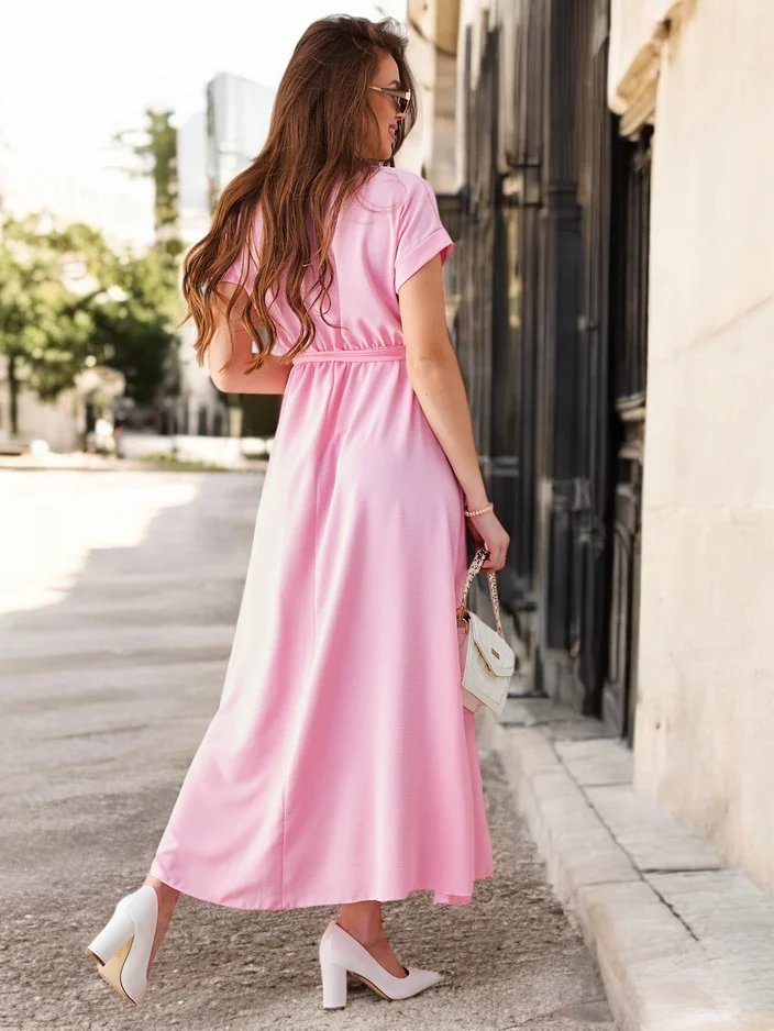 Рокля миди Royalfashion за жени с обло деколте, къси ръкави и колан