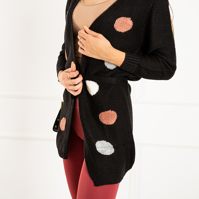 Czarny damski wiązany kardigan z kolorowymi kółkami - Odzież