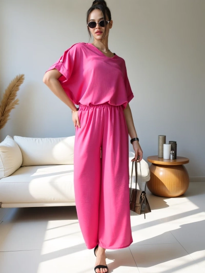 Royalfashion Дамски casual комплект с блуза с къс ръкав и широки панталони