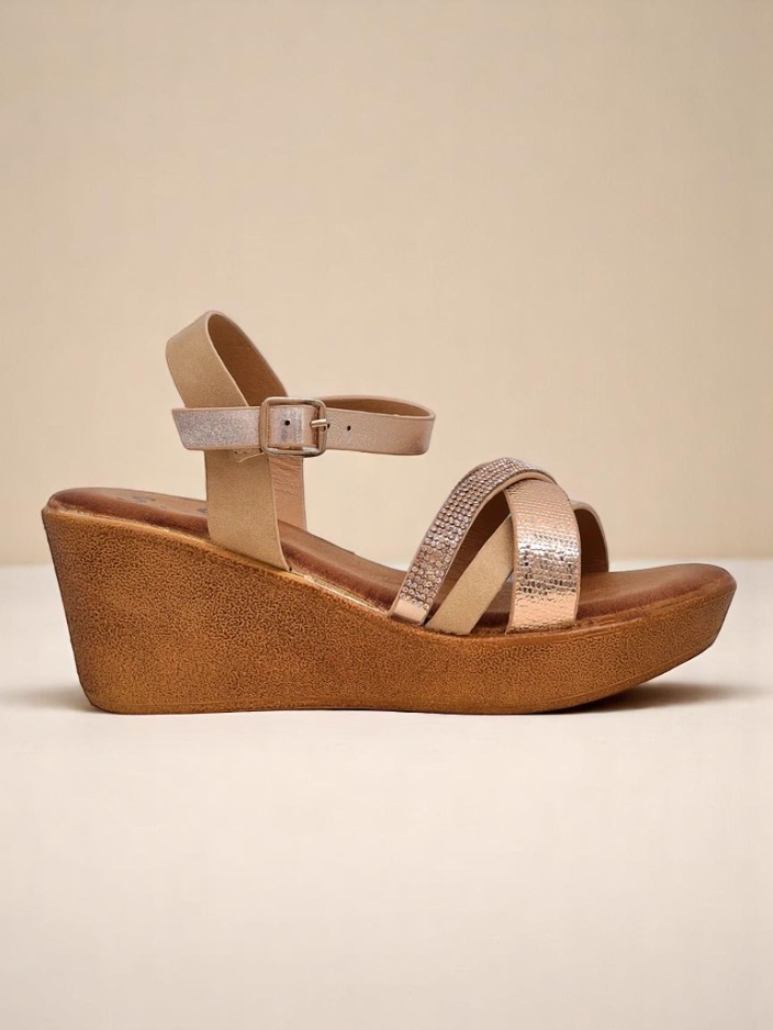 Royalfashion дамски сандали на равна платформа с камъни и брокат Glittera