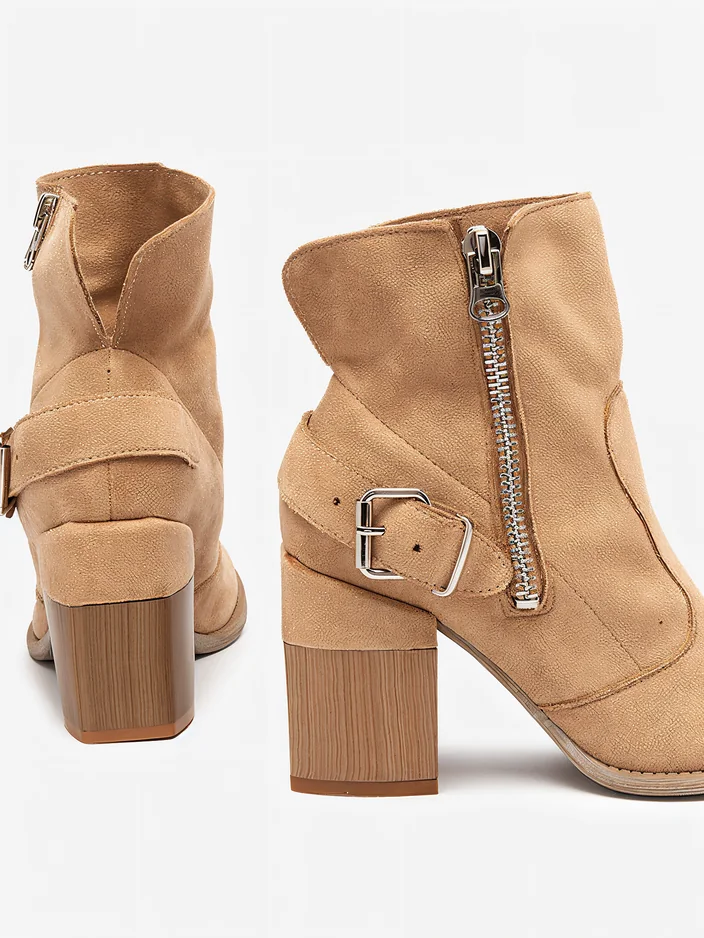 Светло кафяви еко велурени дамски боти на кол Emrica - Обувки