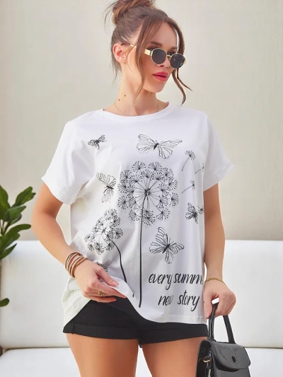 Royalfashion Дамска памучна тениска с глухарчета и пеперуда