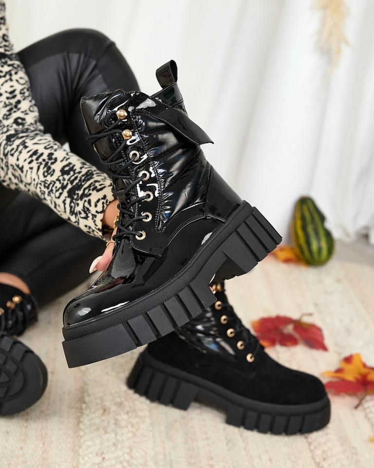 Royalfashion Дамски лакирани черни ботуши Wefetto