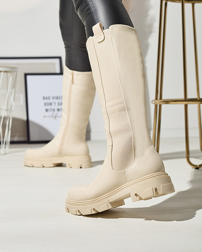Кремави дамски ботуши до средата на прасеца Vebissa- Обувки