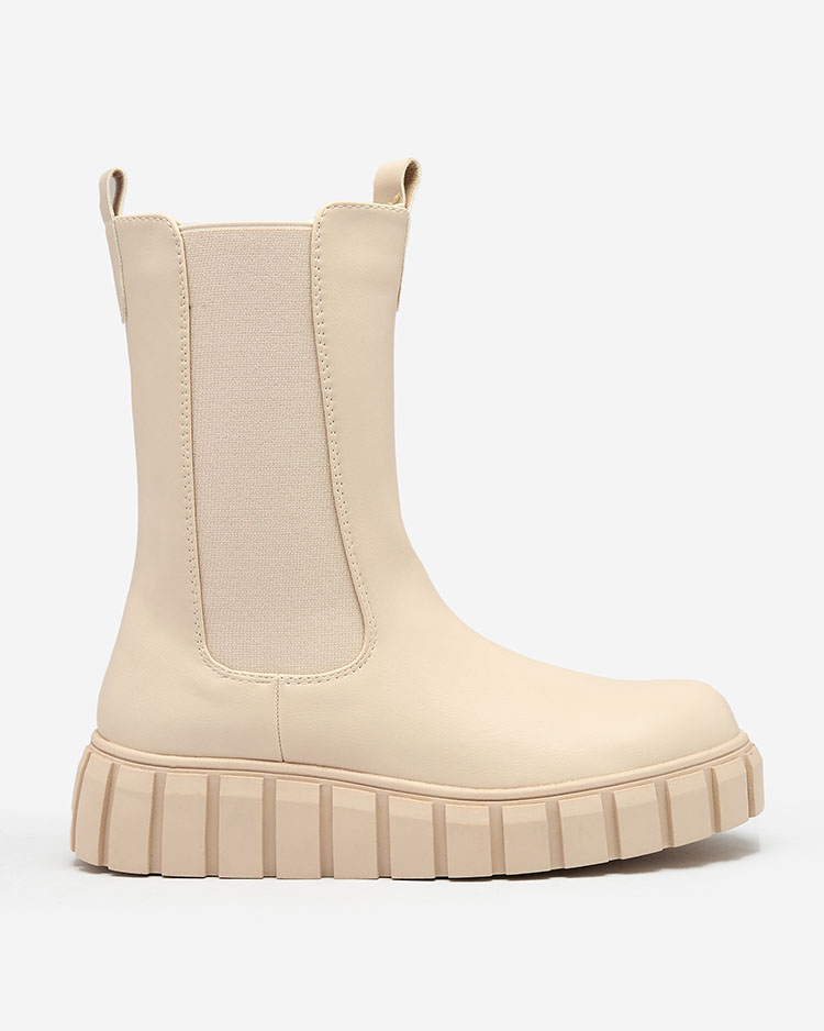 Royalfashion Дамски ботуши с висок плосък ток в екрю Elicane