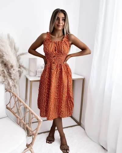 Дамска рокля с дължина до коляното и принт в оранжево- Облекло