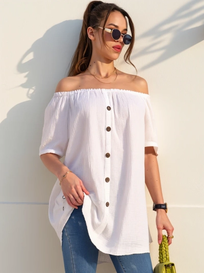 Женска памучна блуза в испански стил с декоративни копчета