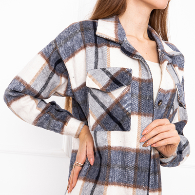 Granatowa długa koszula damska w kratę - Odzież