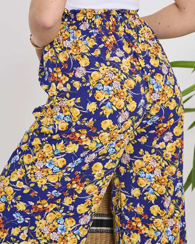 Дамски сини панталони палацо с тъмносини цветя - Облекло