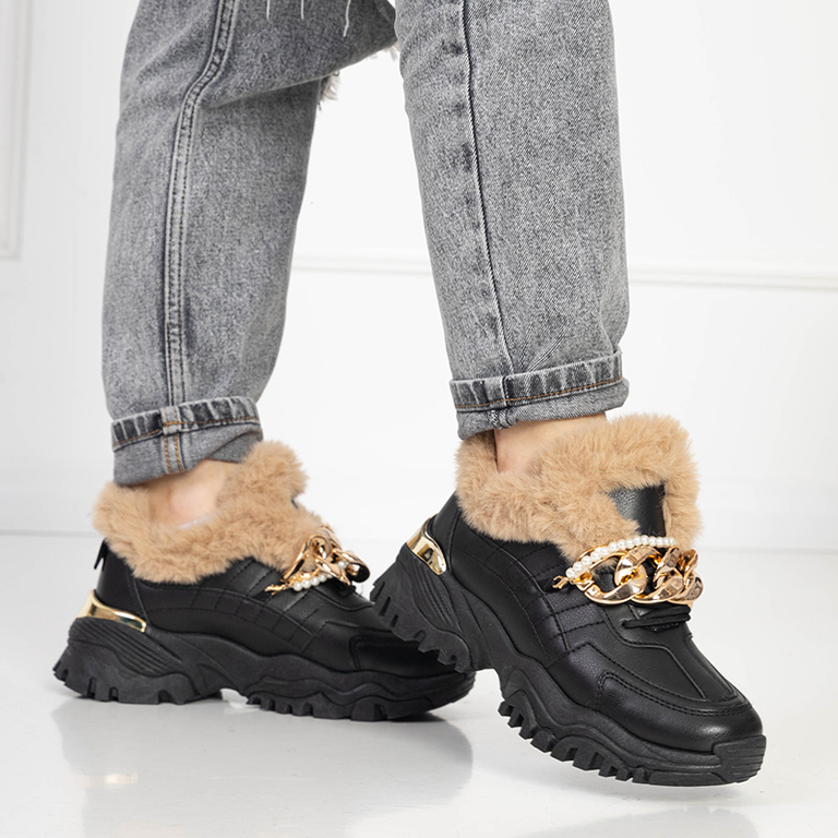 Sportowe czarne buty damskie z futerkiem Flixi - Obuwie