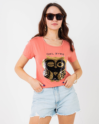 Pomarańczowy damski t-shirt z cekinami - Odzież