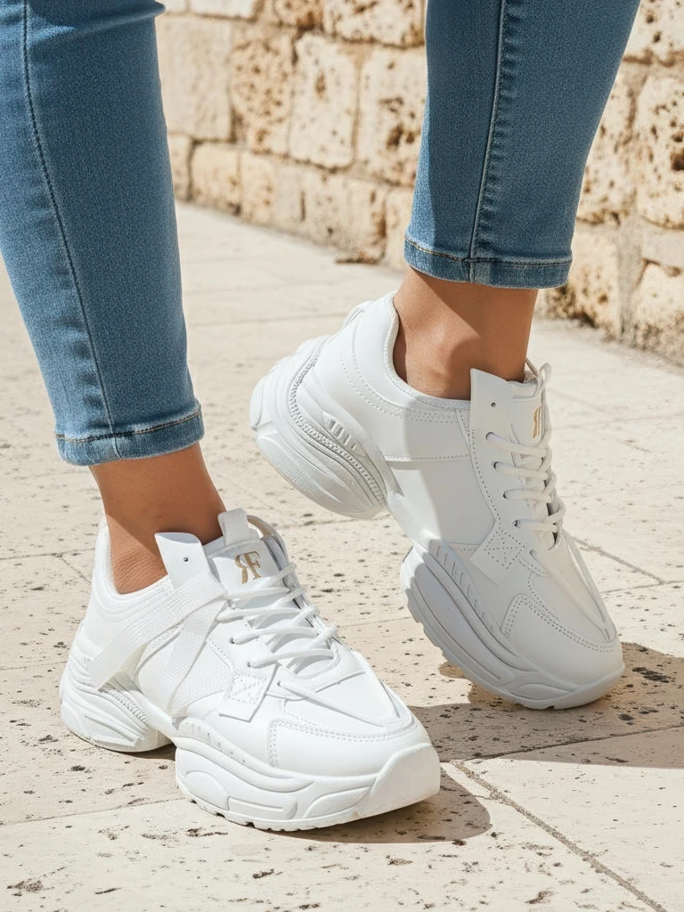 Дамски бели сникърси Arete от еко кожа, плосък ток, пролетна колекция