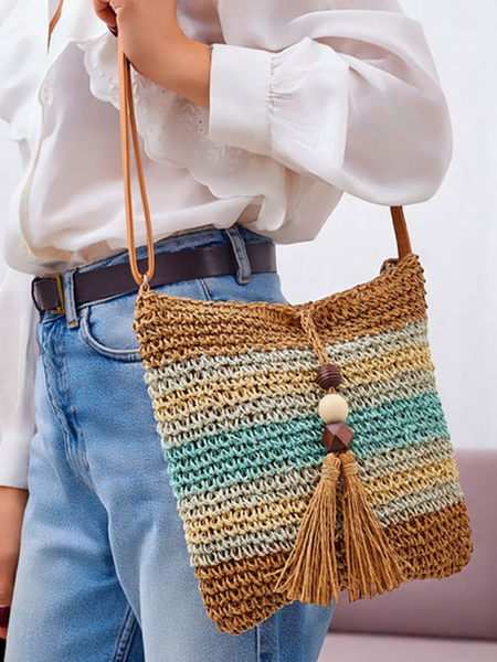 Royalfashion Малка сламена дамска чанта с райета, декоративен висулка Мини