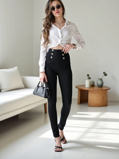 Класически дамски памучни трикоти с декоративни копчета