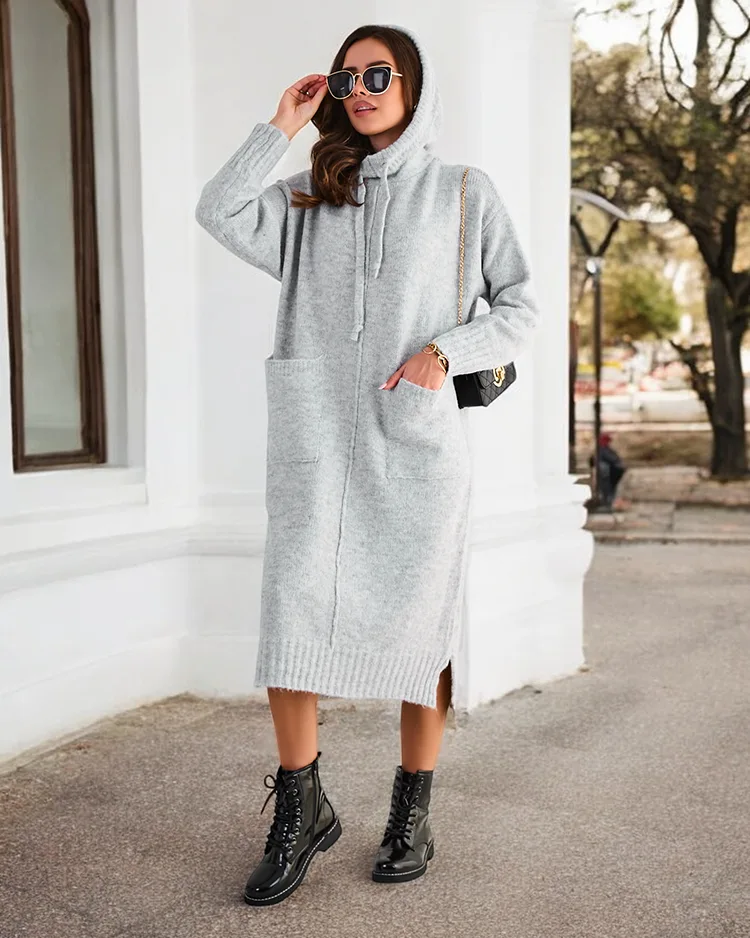 Дълго плетено пуловерно рокля на Royalfashion за жени