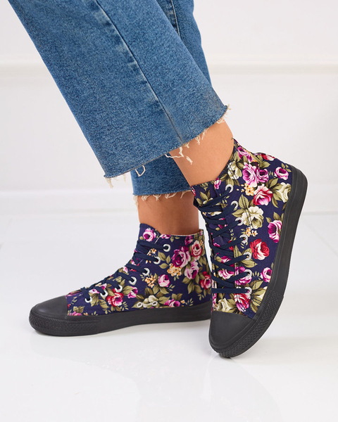Royalfashion Дамски високи маратонки в тъмносиньо с цветни цветя Soxic