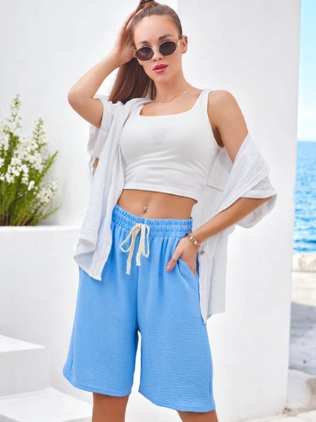 Royalfashion Къси дамски шорти с еластична талия и връзки до коляното