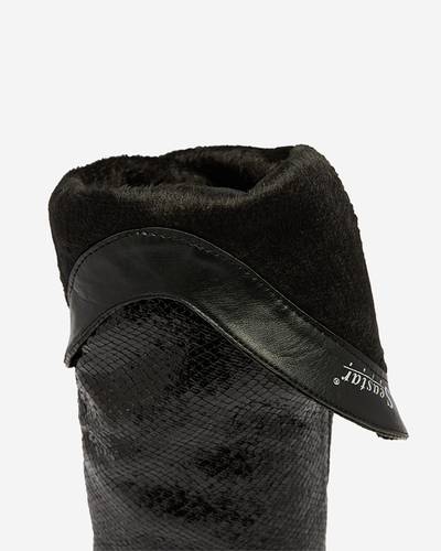 Черни дамски боти на висок ток с релеф Elivea- Footwear