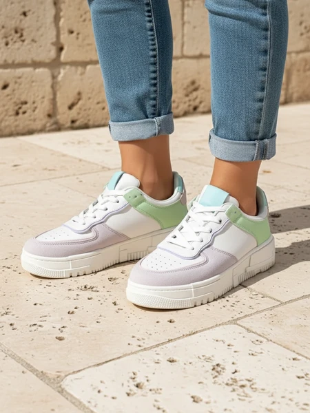 Дамски сникърси Lycaste бежови от екологична кожа на равна подметка