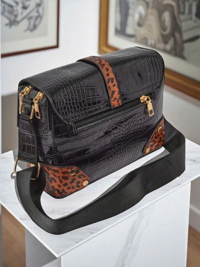 Дамска чанта Callista Nero - екологична крокодилска кожа, черно-кафява