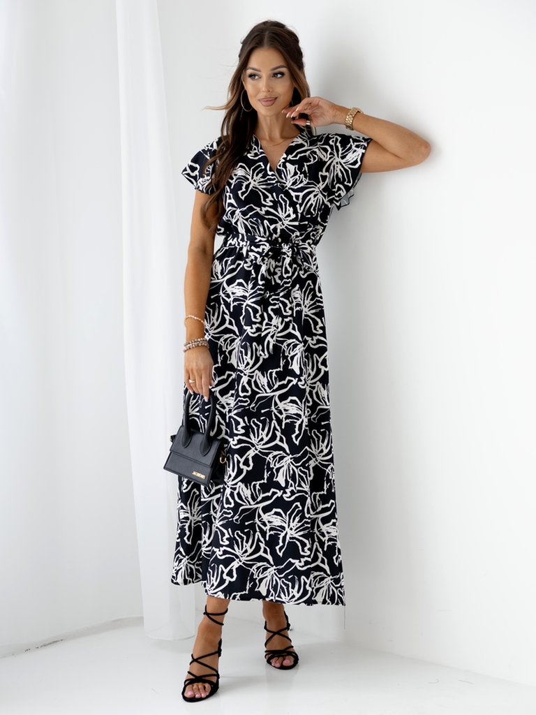 Royalfashion Шарена дамска миди рокля с къси ръкави, прехлупено деколте и колан