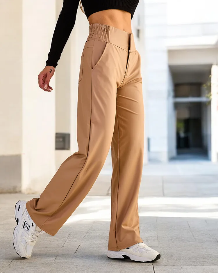 Royalfashion Дамски широки панталони от еко кожа