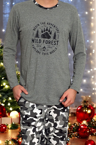 Тъмносиня мъжка пижама с кариран панталон - Облекло