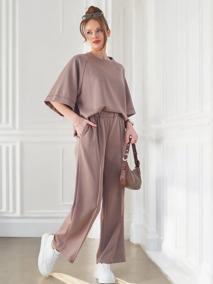 Royalfashion женски комплект с къс ръкав и широки панталони