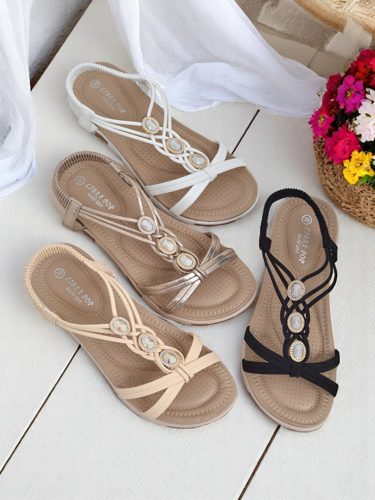 Дамски сандали Royalfashion Callista – черни еспадрили с цирконии за лятото