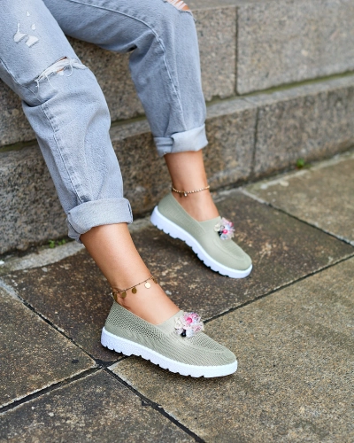 Royalfashion Дамски мокасини от плат в цвят каки с кристали Fezens