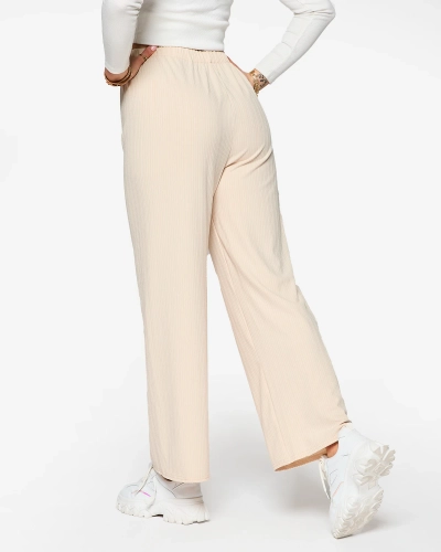 Бежов дамски широк панталон с ребра - Облекло