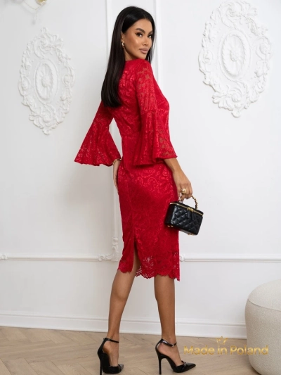 Дамска миди рокля с дантела и широки ръкави Holly Wow