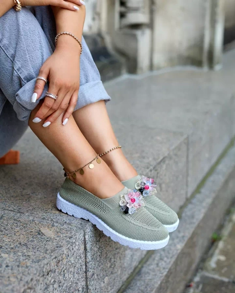 Royalfashion Дамски мокасини от плат в цвят каки с кристали Fezens